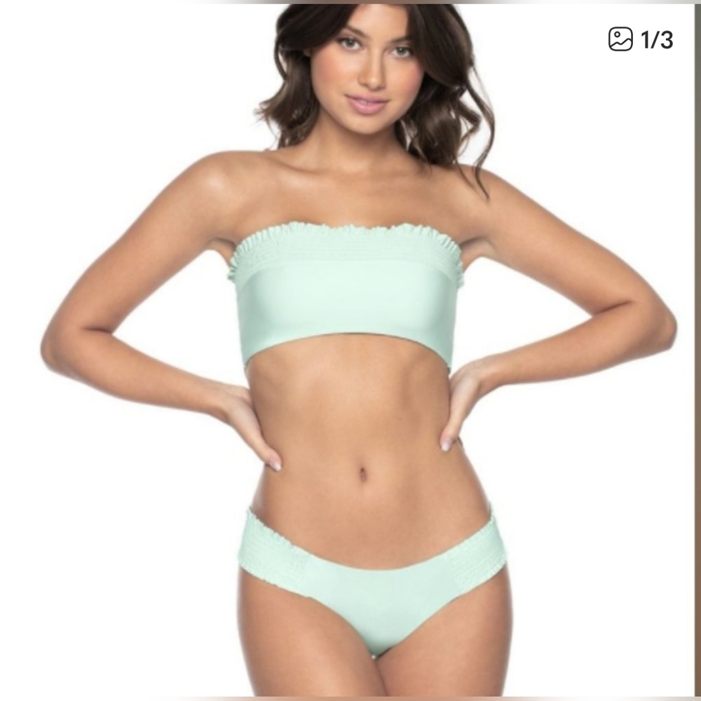 PILYQ NWT Azura Smoked Mint Green Bandeau & Smoked Teeny Bikini Bottom Set Sz L